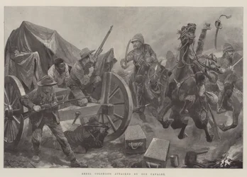 Rebellische Kolonisten von unserer Kavallerie angegriffen